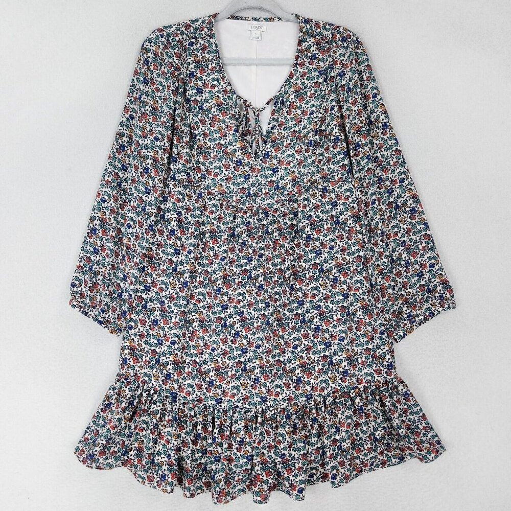 J Crew Dress Womens Medium White Blue Floral Long Sleeve Relaxed Lightweight